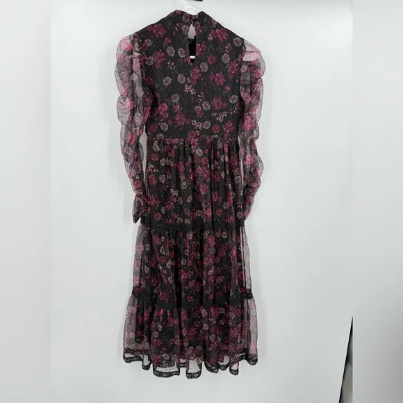 Jun & Ivy‎ Women’s Sheer Floral Tiered Maxi Long Sleeve Black/Burgundy Size XXS - Picture 3 of 6